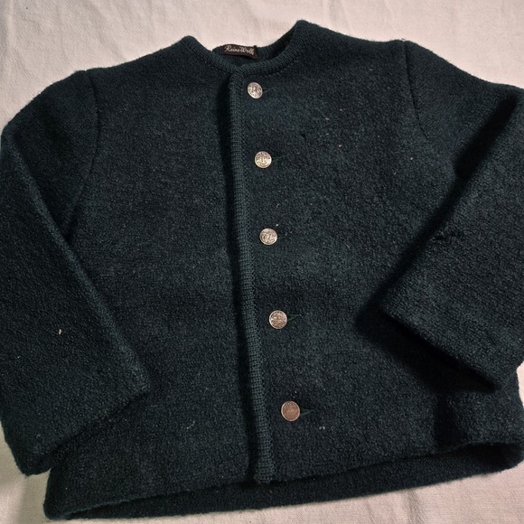 Reine Wolle Sweaters - Vtg Reine Wolle Childs Cardigan Sweater Salzburg Coat Of Arm Buttons Dark Green
